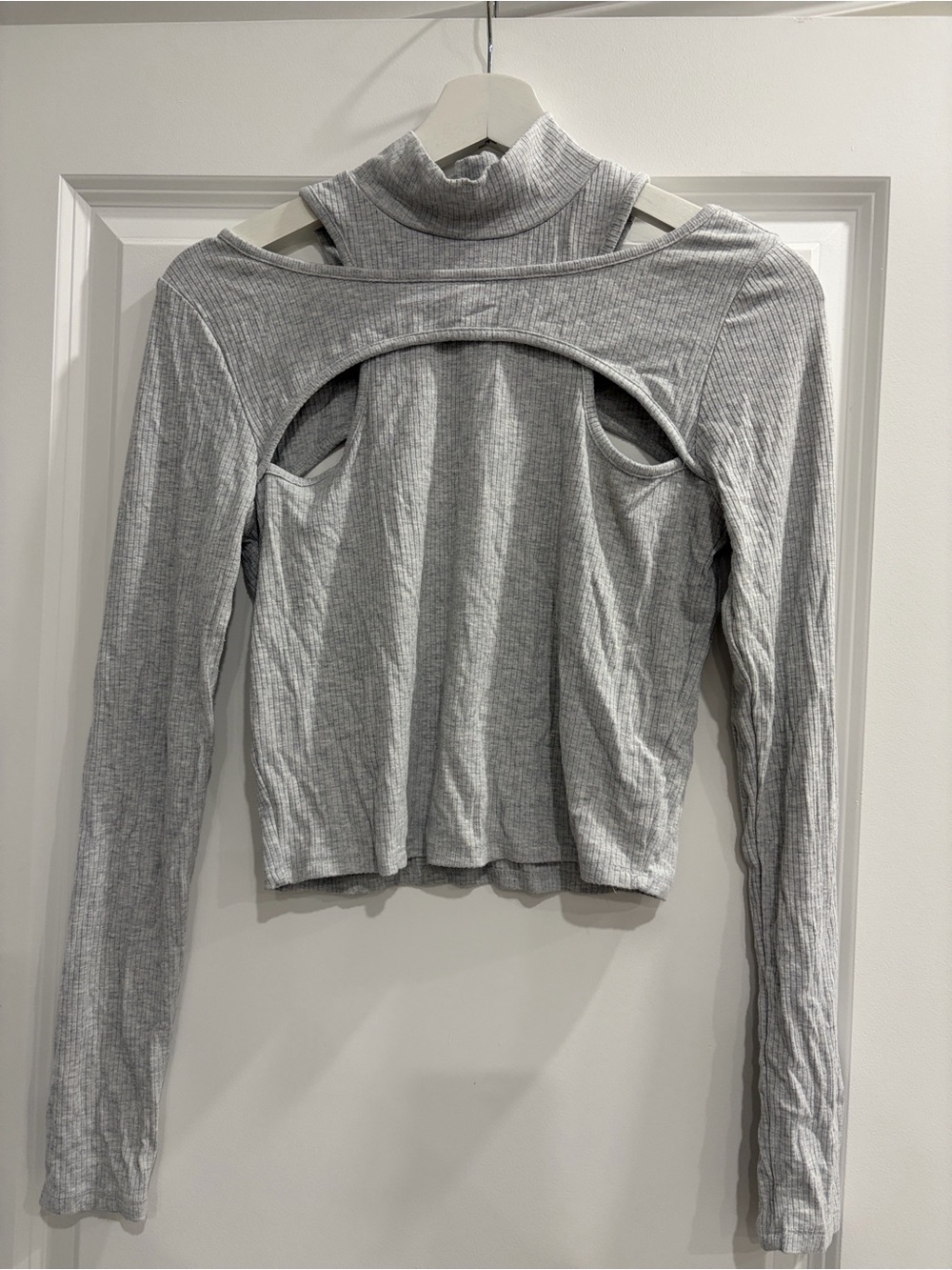 Garage Grey Ribbed Long-Sleeve Cutout Mock Neck Top